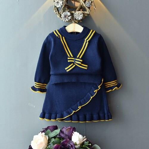 2021 Autumn Winter Korean ChildrenS Clothing Girls Solid Color V-Knit Long-Sleeved Shirt + Skirt Sweater Set