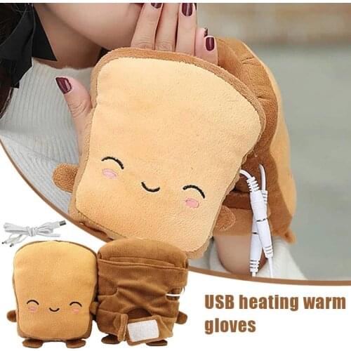 USB Warmer Heated Gloves Cute Hand Warmers Gloves Fingerless Cute Toast Shape New Year Christmas Gift Winter Gloves