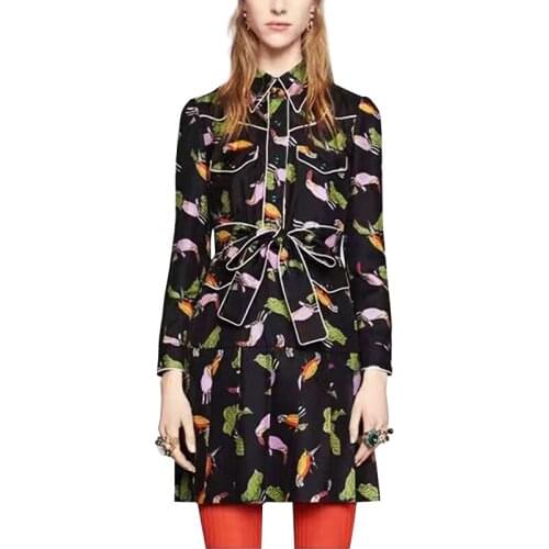 S-4Xl High Quality 2018 Summer And Autumn Brand New Fashion Woodpecker Printing Belt Long Sleeves Slim Women Dress Free Shipping
