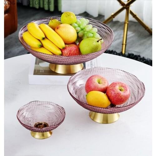 Nordic Clear Crystal Glass Fruit Plate Dessert Bowl Metal Tray Household Goods Kitchen Vegetable Salad Plate Wedding Decoration