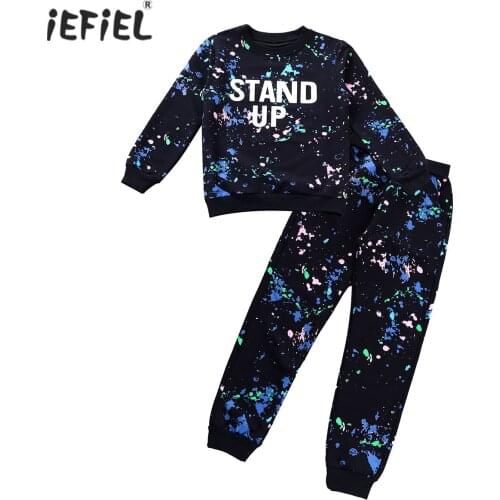 Kids Girls Long Sleeve Graffiti Print Sweatshirt Tops Pants Clothes Set Spring Autumn Fashion Casual Teen Girls Tracksuit Outfit