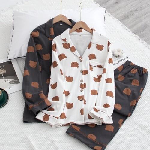 Spring /Autumn Couple Pajamas Set Knitted Cotton Men and Womens Long Sleeve Pajamas Set Calf Fashion Cardigan Loose Homewear