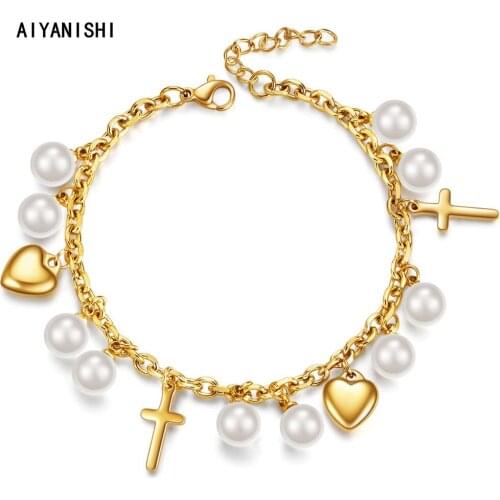 AIYANISHI 18K Gold Filled Chain Bracelet for Girls Heart Cross Women Freshwater Pearls Bracelets Jewelry Gifts Drop Shipping