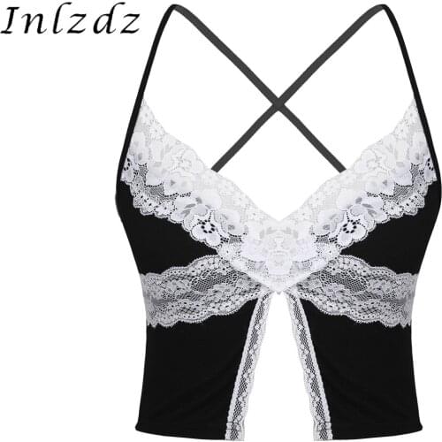 Womens Lace Trim Split Crop Top Music Festival Costume Crisscross Back Spaghetti Strap Camisole V Neck Slim Fit Tank Tops