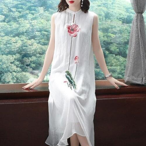 Woman Dress Summer Embroidered Cheongsam Sleeveless Vest Chiffon Dress 2021 Summer New Vestido De Mujer