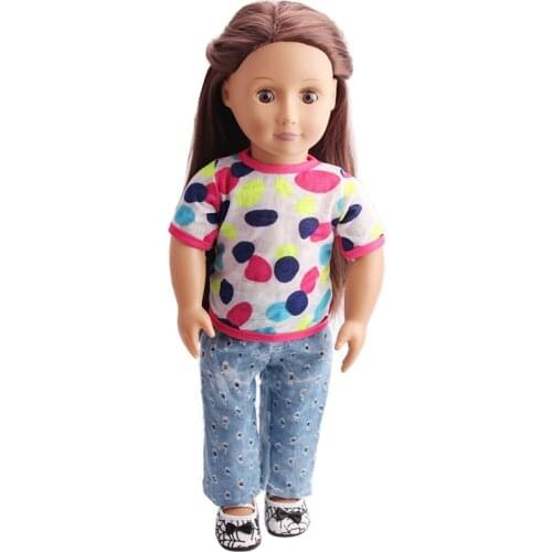 18 Inch American Doll Girls Casual Print Jeans Set Newborn Baby Toys Accessories Fit 40-43 Cm Boy Dolls Gift c169