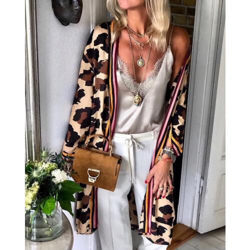 BAMBOOBOY Womens Fashion Leopard Long Cardigan Coat Female Loose Open Stitch FC736