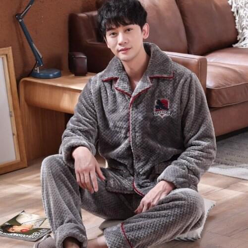 Flannel Flano Man Boy Turn-down Collar Button-Down Winter Pajamas Home Warm Suit Casual Sleepwear Nightwear cute Pajama Sets HDE