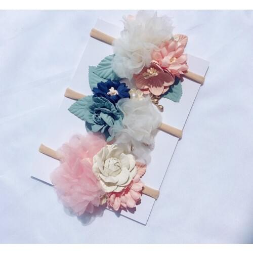 Girls Nylon Flower Headband with Pearl, Vintage Floral Hair Bows Elastic Hairband for Kids Headwear Hair Accessories