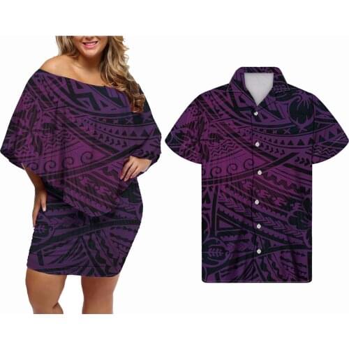 Hycool New Arrivals Elegant Polynesian Purple Stripe Women Gowns Women Casual Off Shoulder Plain Dress Match Men Button Up Shirt