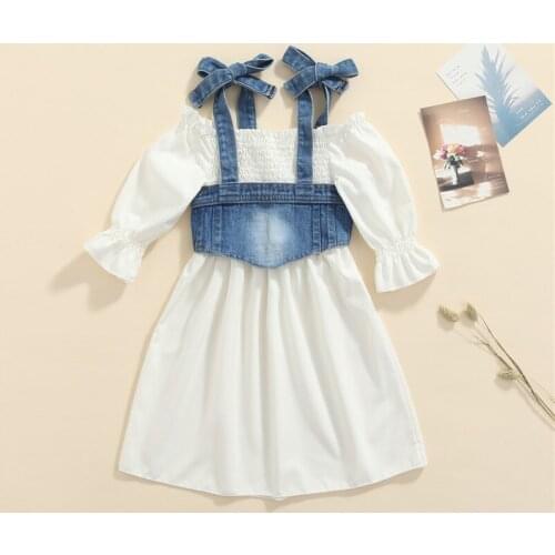 2Pcs Kids Girls Autumn Outfits Solid Color Off-Shoulder Lantern Sleeves Dress + Denim Strappy Vest for Girls 1-5 Years