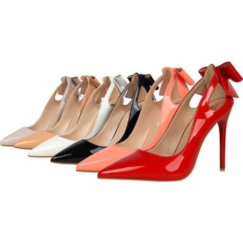 Korean version sexy thin heels, thin heels, high heels, shallow mouth, pointed patent leather hollow bow-knot single shoes