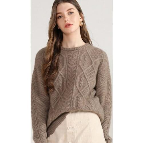 Large Size Fashion Ladies Warm Pullovers Cable Knitted Long Sleeve Crew Winter Thick 100% Cashmere Sweater Woman Neck Tops