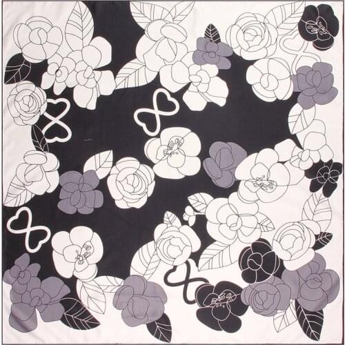 Manual Hand Rolled Twill Silk Scarf Women Flowers Print Square Scarves Wraps Echarpe Curled Foulards Femme Bandana Hijabs 90CM