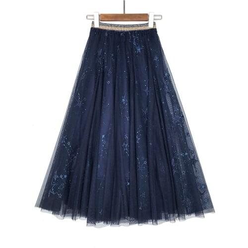 Mesh New heavy industry skirt starry sky Sequin yarn skirt embroidered long skirt