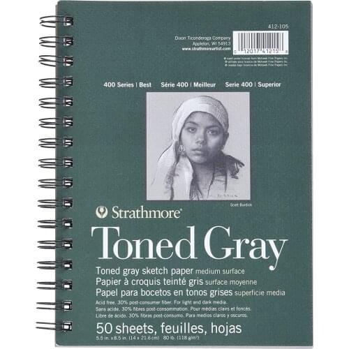 Strathmore 412-105 Gray Drawing 400 Series Toned Sketch Pad, 5.5"x8.5", 14cmx21.5cm 50 Sheets,Medium Surface