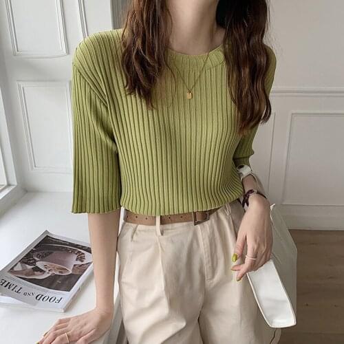 O-neck knitted shirt short sleeve good quality QuZhu ice silk blouse summer thin round collar knitting T-shirt girl
