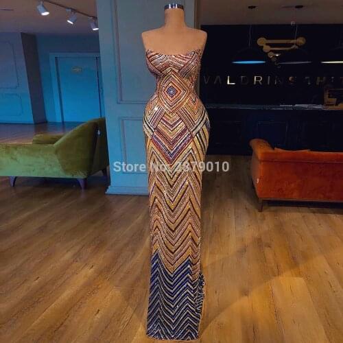 2020 Brilliant Luxury Strapless Sheath Sleeveless Evening Dress Sequins Full-Length Prom Dress Formal Dress Robe De Soiree Aibye