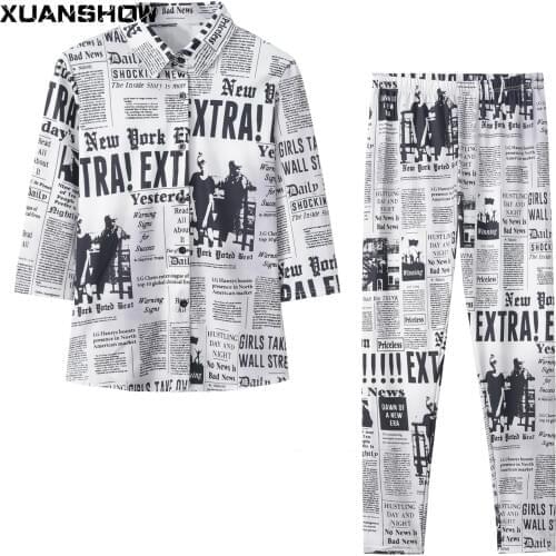 XUANSHOW Newspaper Print Two Piece Sets Women Turn-down Collar Button Blouses Shirts and Pencil Pants Suit Club 2 Piece Outfits