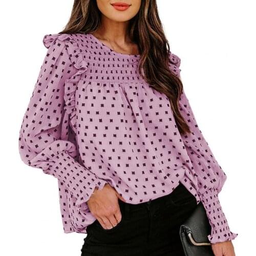 Dot Print Lantern Long Sleeve Women Blouse Skin-friendly Ruffle Trim O-Neck Casual Blouse Tops Ladies Streetwear Clothing