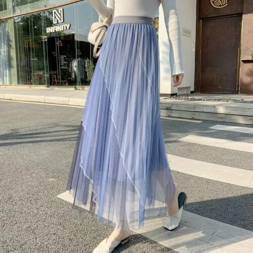 2021 Hot New Spring Summer Fashion Patchwork Skirt Women Long Perspective Elastic Waist Mesh Pleated Mujer Faldas