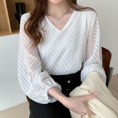 Women Blouse Autumn Chiffon Blouses Top Puff Sleeve Loose Lace Shirt Women Tops Blusas