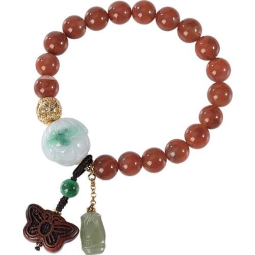 S925 sterling silver gold plated Southern red agate Emerald Ebony Bracelet Retro Lotus Butterfly Ladies bracelet