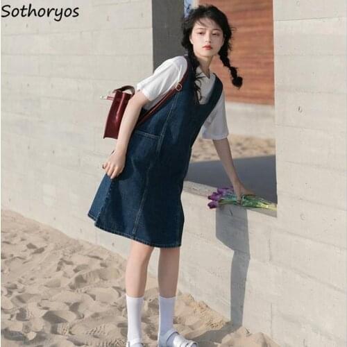 Women Sleeveless Short Dress Leisure V-neck All-match Kawaii Girls Blue Denim Dress Students Retro Streetwear Loose Summer Chic