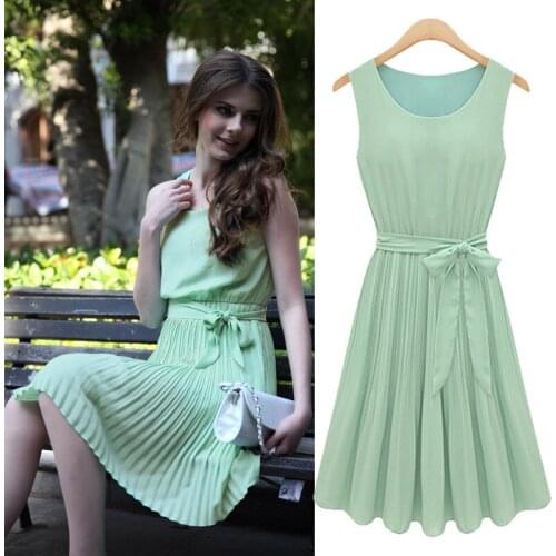 Dress Women Summer new European American wind sleeveless chiffon pleated vest round collar Dresses Casual Vestidos ZXP1418