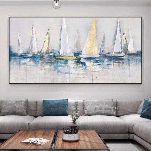100% Handmade Abstract Oil Painting Sailboat Seascape Minimalist Modern Wall Art Decorative For Living Room No Frame