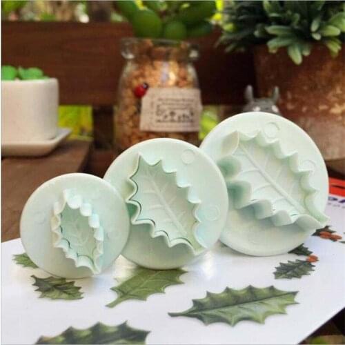 3 Pc/Set 3D Christmas Holly Leaf Leaves Cookie Plunger Cutter Fondant Sugarcraft Mold Cake Decoration Mould Baking Tools
