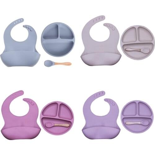 3 Pcs/Set Baby Training Feeding Food Bowl Spoon Bibs Set Silicone Divided Plate
