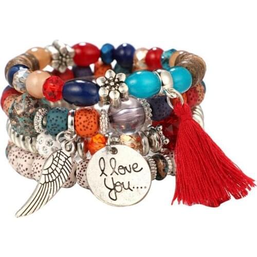 4Pcs/Set Bohemian Style Letters Tassels Flowers Beads Pendant Women Jewelry