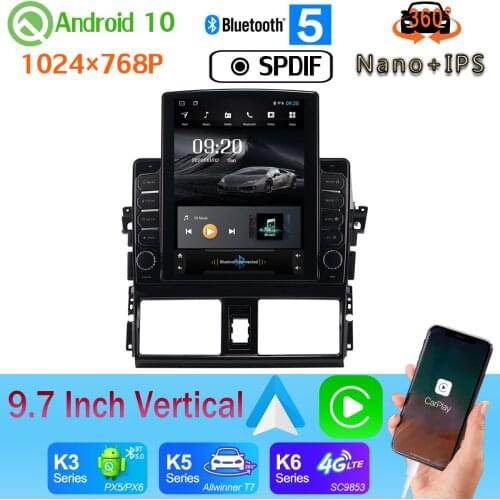 9.7" Vertical Tesla Android 10 Nano+IPS Car Media Radio GPS PX6 4+64G For Toyota Vios Yaris L 2013-2016 360 Camera Head Unit DSP