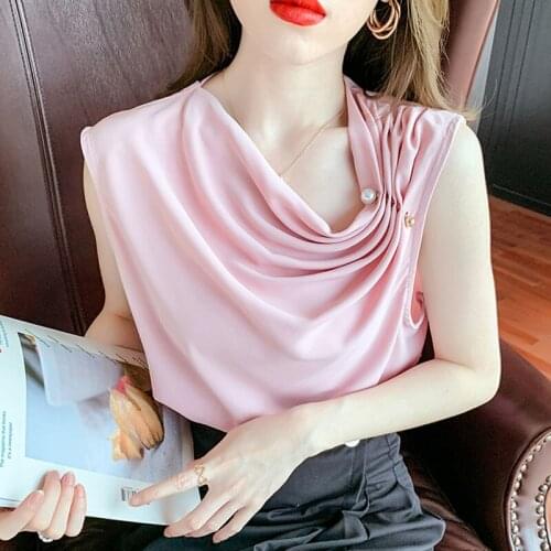 Blouses Woman Fashion 2021 Elegant Summer Blusas Femininas Beading Silk Solid Pink Ladies Top White Sleeveless dropshipping 1016