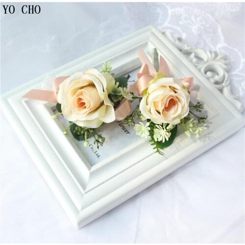 YO CHO Wedding Wrist Corsage Bracelet Bridesmaids Silk Flowers Groom Boutonniere Pin Men Roses Pink Wedding Corsage Accessories