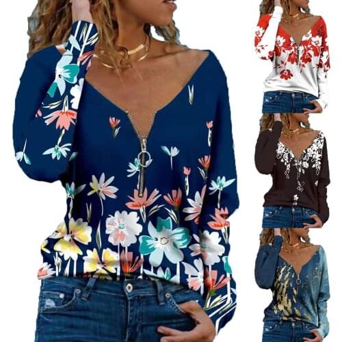 Print V-neck Zipper Long Sleeve T-shirt 2021 Autumn New Fashion Womens Clothing Casual Plus Size Streetwear Top Tee Shirt Female