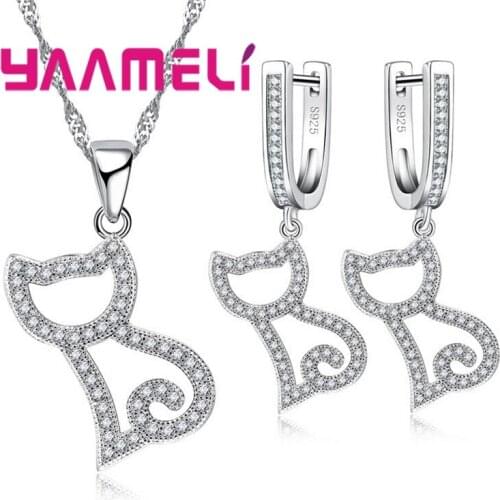 925 Silver Lovely Pussy Cat Shape Women Jewelry Set Necklace Earrings Jewelry Sets Jewelry Gift For Party
