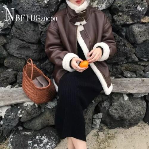 Short Style Women Jacket 2020 Winter New Korean Chic Lining With Imitation Lambswool Female Pu Leather Coat