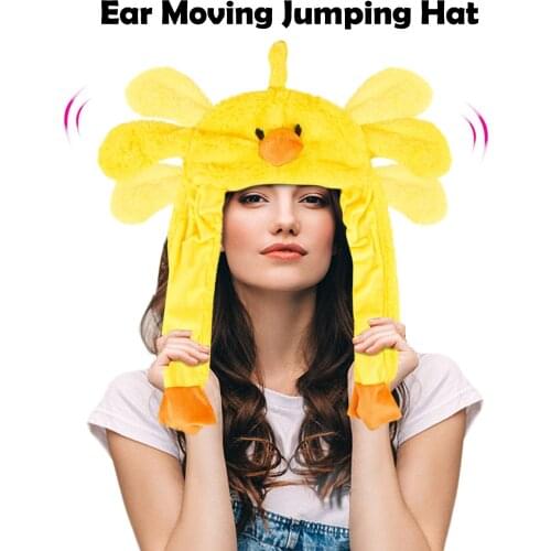 Cute Cartoon Ducky Plush Hat Ear Moving Jumping Funny Plushie Toys Christmas Party Holiday Cosplay Cap Headgear Accessories Gift