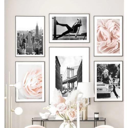 New York City Fashion Girl Flower Wall Art Canvas Painting Black White Nordic Posters And Prints Wall Pictures For Living Room