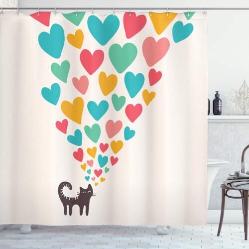 Soft Ivory Cat Lover Shower Curtain Cat Love Colorful Different Size Hearts Happy Kitty Clipart Bathroom Curtain