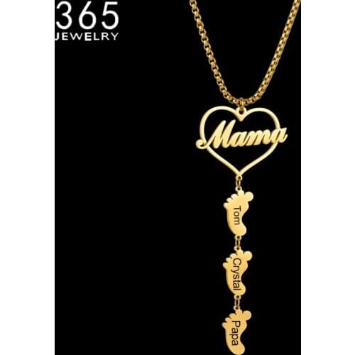 Personalized Mama Letter Engrave Name Date Customized Nameplate Mom Necklace Stainless Steel Baby Feet Jewelry Birthday Gift