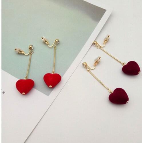 Korea Style Charm Peach Heart Long Bar Gold Color Clip on Earrings Without Piercing for Girl Party Needn't Ear Hole Ear Clip New