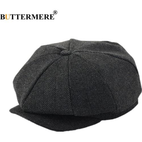 BUTTERMERE Wool Hats for Men Vintage Herringbone Newsboy Cap Woolen Autumn Winter Male Beret Hat Black Coffee