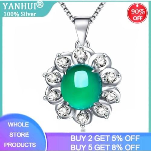 YANHUI Original 925 Silver Jewely Zircon Flower Natural Emerald Charm Pendant Necklaces for Women New Fashion Fine Jewelry Gift