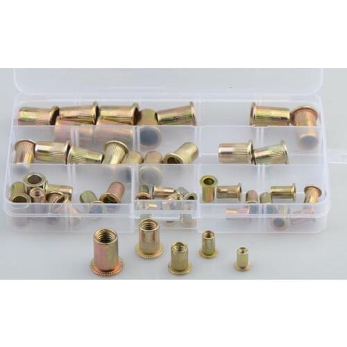 50PCS Carbon Steel Rivet Nuts M4 M5 M6 M8 M10 Insert Rivets Multi Size Flat Head Rivet Nuts Set