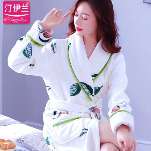 Women Robes Winter Warm Coral Fleece Nightdress Sleepwear Female Pajamas Home Clothes Floral Dressing Gron Kimono Hotel Bathrobe