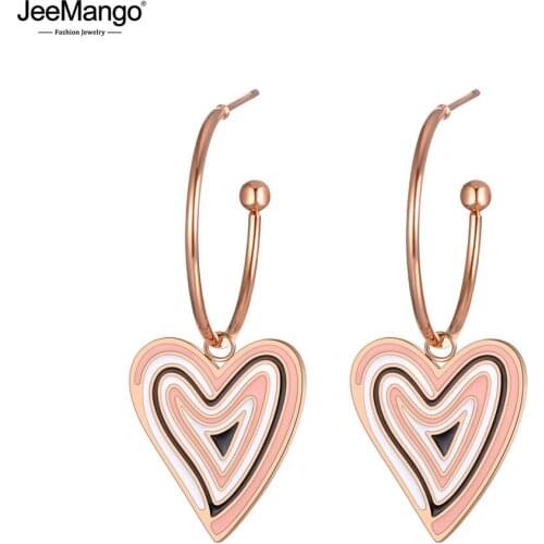 JeeMango Trendy White/Black Glaze Love Heart Titanium Stainless Steel Earrings Rose Gold Handmade Ear Jewelry For Women JE19145