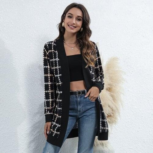 WYWMY Black Plaid Cardigan Womens Sweaters Long Sleeve Leopard Coats Spring Autumn Casual Loose Knitted Cardigan Sweaters Women